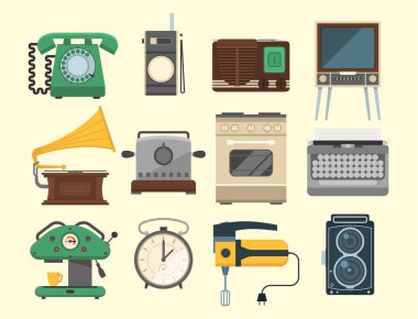 Retro vintage ev aletleri mutfak eşyaları antika teknoloji kap ev elektrik tesisatı illüstrasyon vektör.