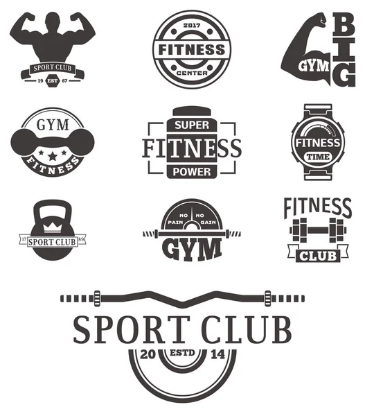 Monokrom fitness emblem design element gym sport club stark utrustning silhuett vektorillustration. — Stock vektor