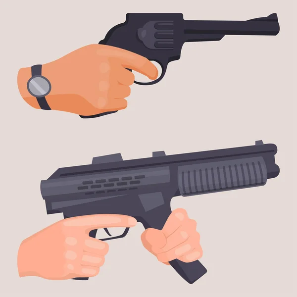 Hand firing with gun protection ammunition crime military police firearm hands vector. — Stock Vector