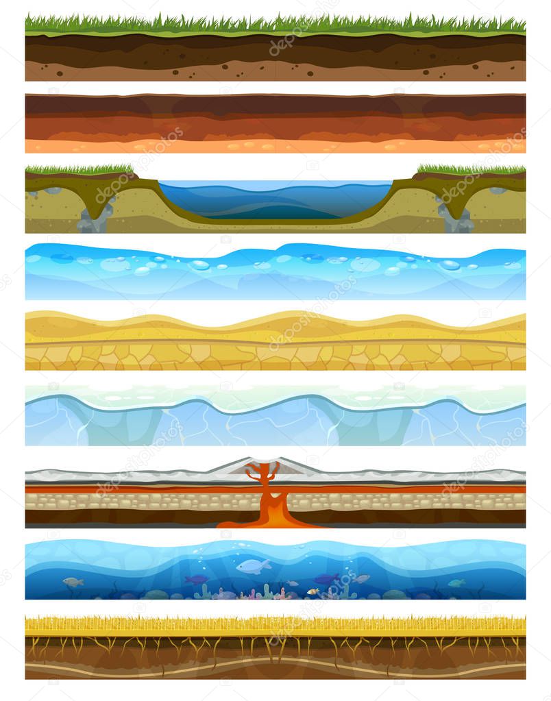 Landscape earthy slice soil section mountains with water geological land underground nature cross land ground vector illustration.