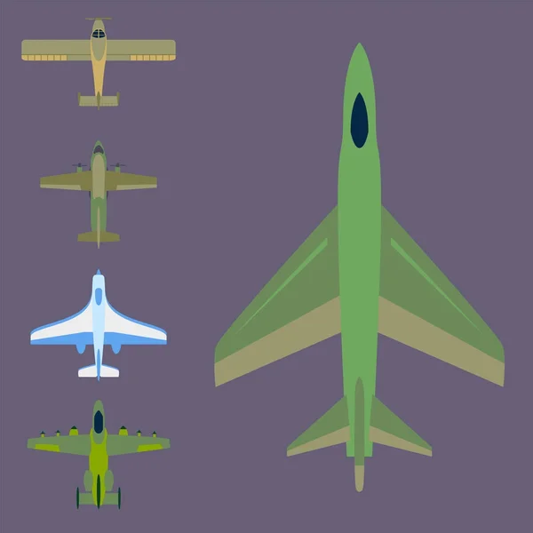 矢量飞机图顶视图和飞机运输旅行方式设计旅程对象. — 图库矢量图片