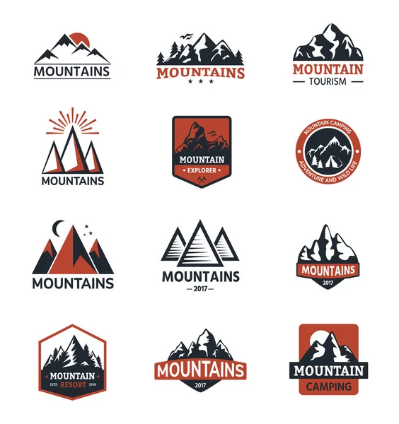 Mountain vektor silhuett reser logotyp badge naturen utomhus rocky snö topp landskap klättring mount hill peak vandring illustration — Stock vektor