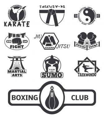Etiketler fight club Amblemler mücadele serin kümesi yumruk sporu yumruk karate vektör çizim rozetleri.