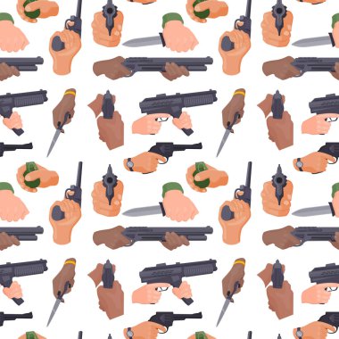 Vektör silah koruma mühimmat suç Dikişsiz desen arka plan askeri polis tüfek ile atış el eller.
