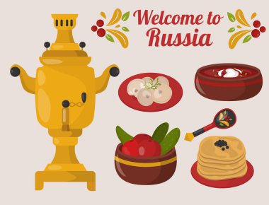 Geleneksel Rus yemekleri kültür yemek kursu gıda Rusya gurme ulusal yemek vektör çizim için hoş geldiniz