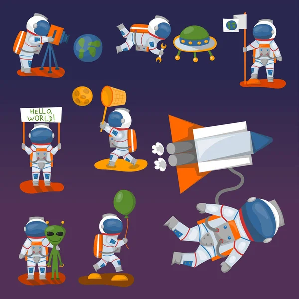 Astronautas vectores en el espacio, personaje de trabajo y divertirse astronauta galaxia atmósfera sistema de fantasía viajero hombre . — Vector de stock