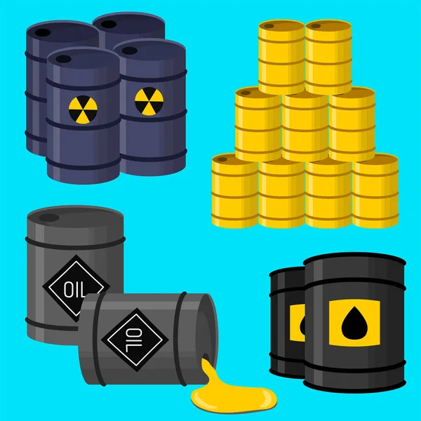 Olie drum container brandstof vat rijen stalen vaten opslagcapaciteit tanks natuurlijke metalen oude darmen chemische vaartuig vectorillustratie — Stockvector
