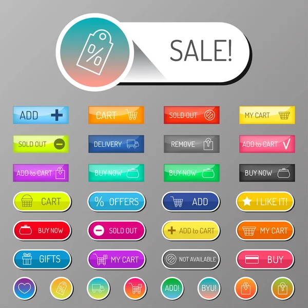 Sitio web colorido e-shop botones diseño vector ilustración brillante etiqueta gráfica internet confirmar plantilla — Vector de stock