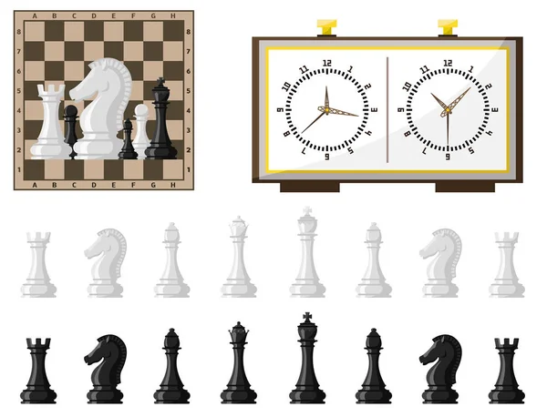 Schachbrett und Schachfiguren Vektor Freizeitkonzept Rittergruppe Wettbewerb weiße und schwarze Figuren — Stockvektor