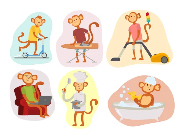Monkey tecknad kostym person kostym karaktär schimpans lycka man platta vektorillustration — Stock vektor
