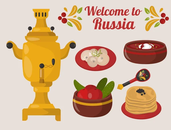 Cocina tradicional rusa cultura plato plato comida bienvenida a Rusia gourmet comida nacional vector ilustración — Vector de stock