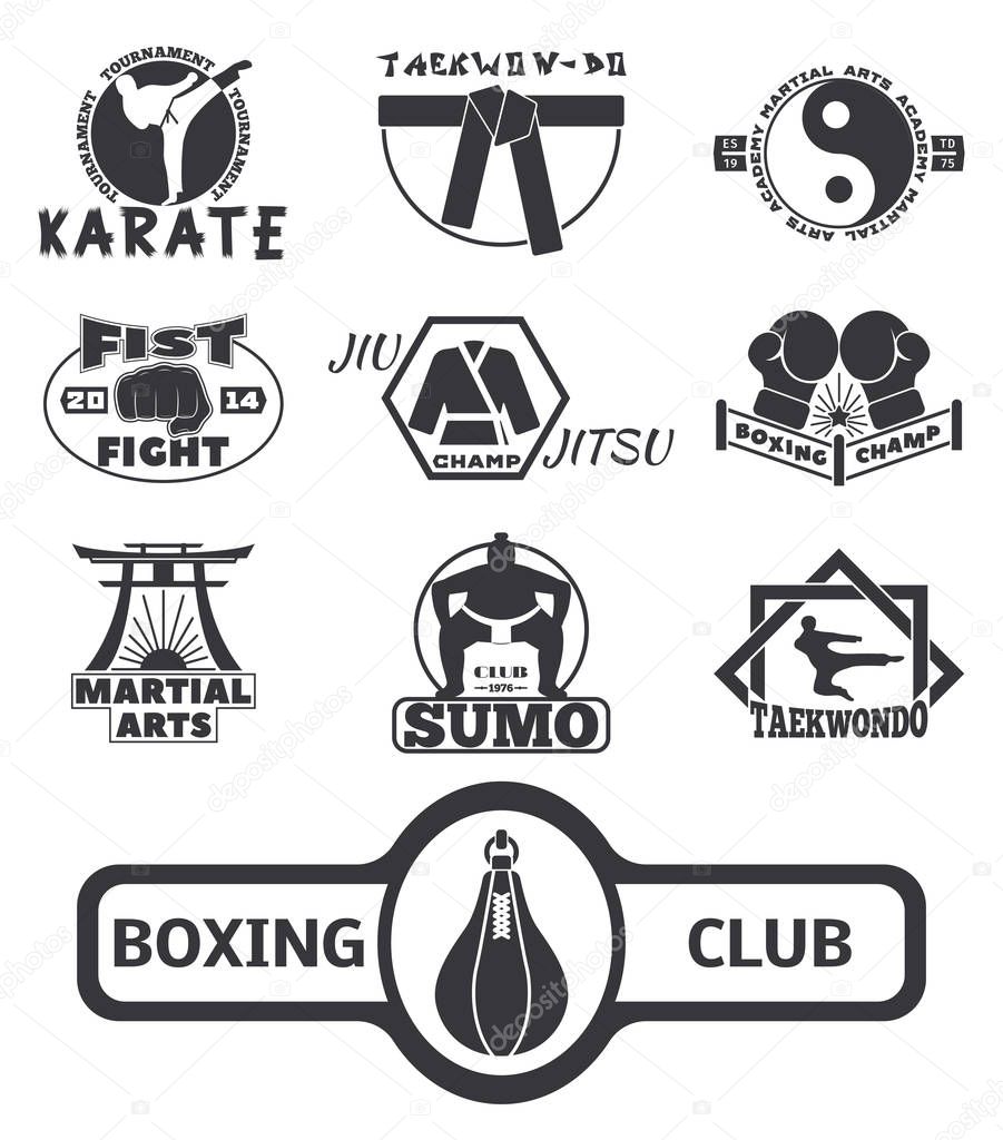 Set of cool fighting club emblems, labels, fight badges, logos. Martial training champion graphic style. Punch sport fist karate vintage symbol vector illustration.