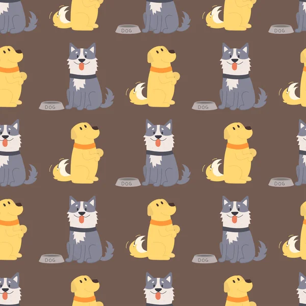 Vektor Illustration spielende Hunde Charaktere Hintergrund lustig reinrassige Welpen Comic glücklich Säugetier Rasse nahtlose Muster — Stockvektor