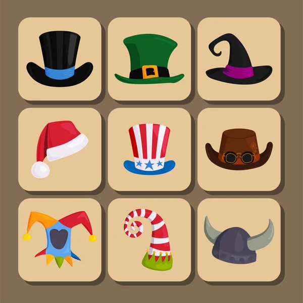 Sombreros diferentes gorras divertidas para las vacaciones de fiesta y mascarada tradicional de la ropa de dibujos animados ropa accesorio vector ilustración . — Vector de stock