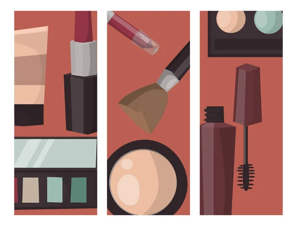 Cartões de maquiagem perfume rímel cuidado escovas pente enfrentado sombra glamour feminino acessório vetor . —  Vetores de Stock