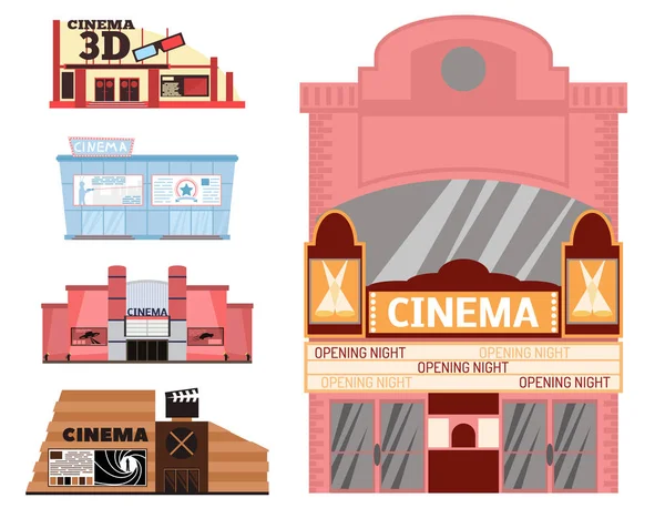 Cine edificio vector ilustración fachada película entretenimiento ciudad casa arquitectura teatro exterior . — Vector de stock