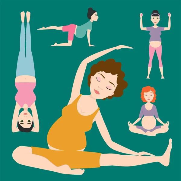 Embarazo deporte fitness personas sano carácter estilo de vida concepto mujer yoga vector ilustración . — Archivo Imágenes Vectoriales