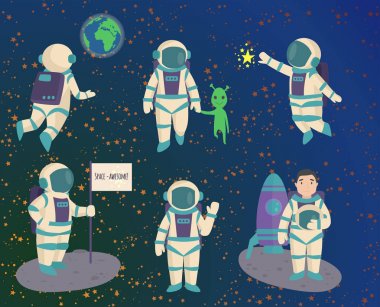 Vektör çalışma karakteri ve having fun astronotlar uzayda uzay adamı gökada atmosfer sistem fantezi seyahat adam.