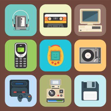 Vintage teknolojileri retro ses multimedia eğlence eski elektronik aygıtı iletişim illüstrasyon vektör.