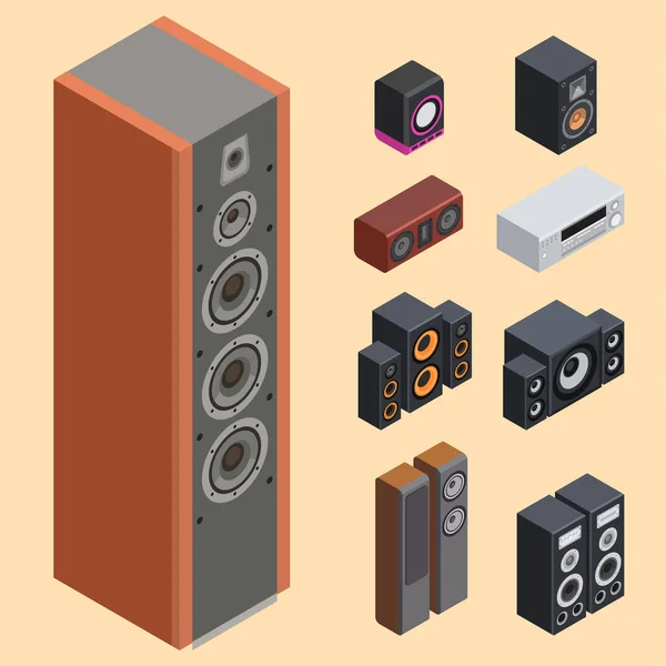 Home sistema de som isométrico estéreo acústico 3d vetor música alto-falantes player subwoofer equipamentos tecnologia . —  Vetores de Stock