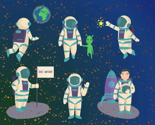 Astronauten in de ruimte, werkt karakter en plezier vector spaceman galaxy sfeer systeem fantasie reiziger man. — Stockvector