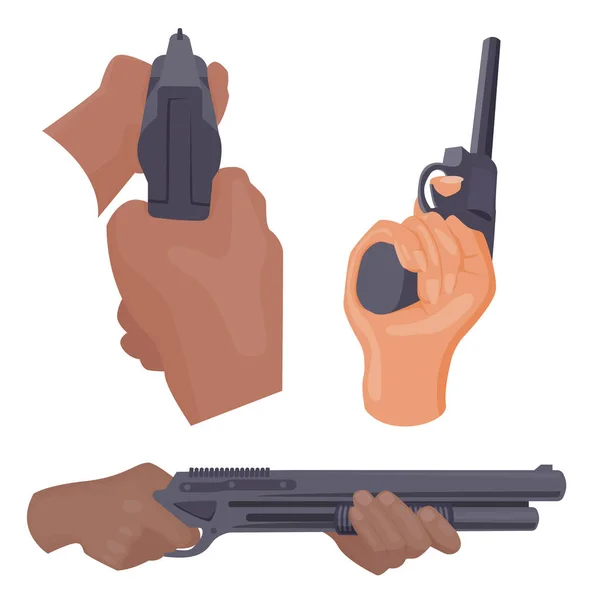 Hand firing with gun protection ammunition crime military police firearm hands vector. — Stock Vector