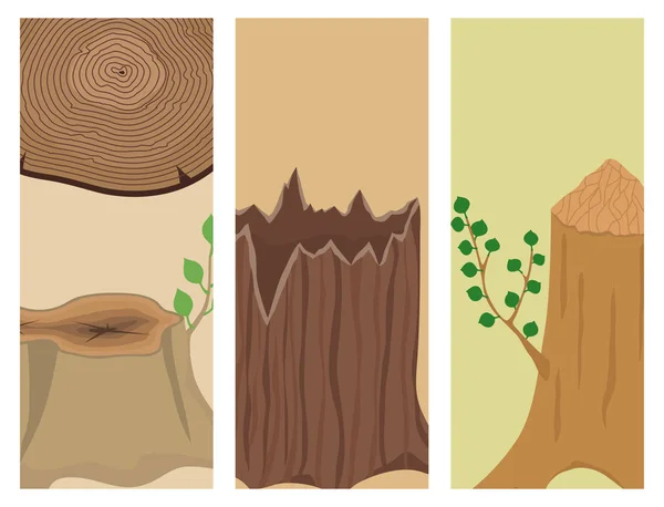 堆积的木松木材建筑施工切的树桩木材树树皮材料向量集的旗帜 — 图库矢量图片