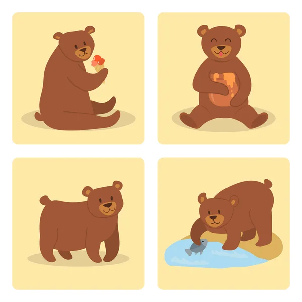 Rajzfilm medve karakter maci pózol vektor díszlet vad grizzly aranyos illusztrációja aranyos állat. — Stock Vector
