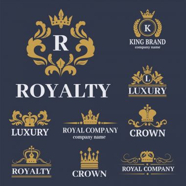 Taç Kral vintage premium beyaz rozet hanedan süsleme lüks kingdomsign vektör çizim.