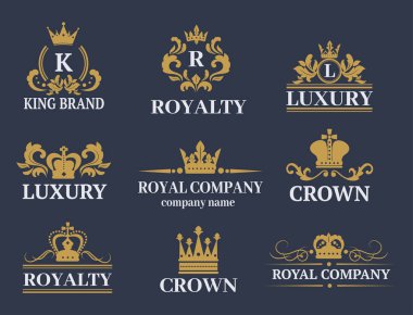 Taç Kral vintage premium beyaz rozet hanedan süsleme lüks kingdomsign vektör çizim.