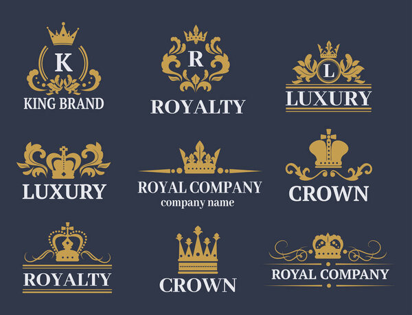 Crown king vintage premium white badge heraldic ornament luxury kingdomsign vector illustration.