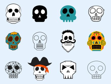 Farklı bir stil kafatasları yüzler vektör illüstrasyon halloween korku tarzı dövme anatomi sanat.