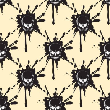 Stil kafatasları yüzler Dikişsiz desen arka plan vektör illüstrasyon halloween korku tarzı dövme anatomi sanat.