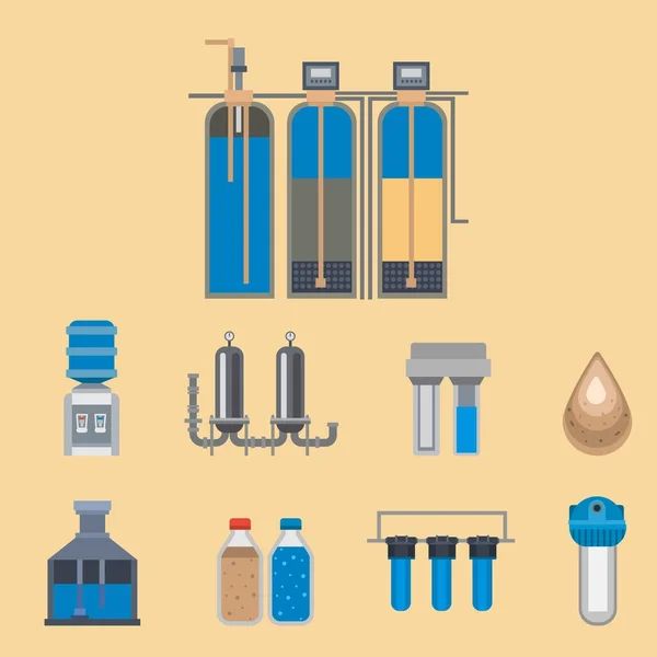 Icono de purificación de agua grifo fresco reciclaje bomba tratamiento de aguas residuales colección vector ilustración . — Vector de stock