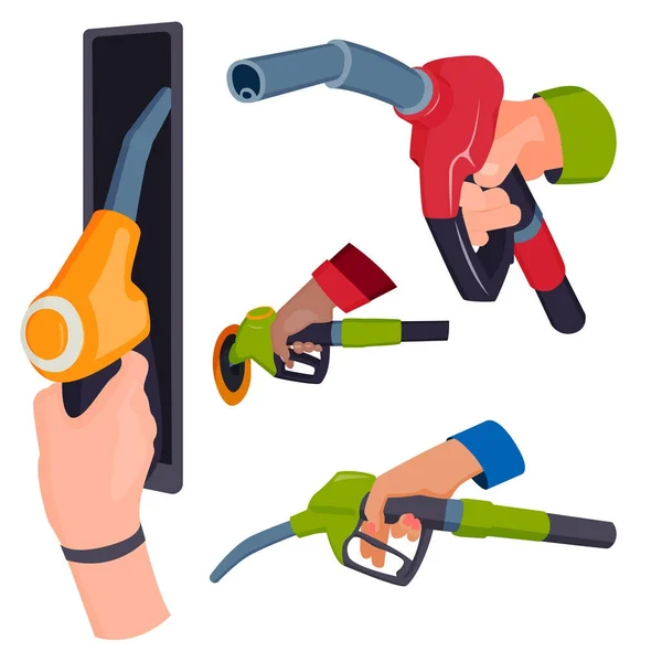 Bensin bensinstation pistol i människor händer raffinaderi tankning petroleum tank service verktyget vektorillustration — Stock vektor