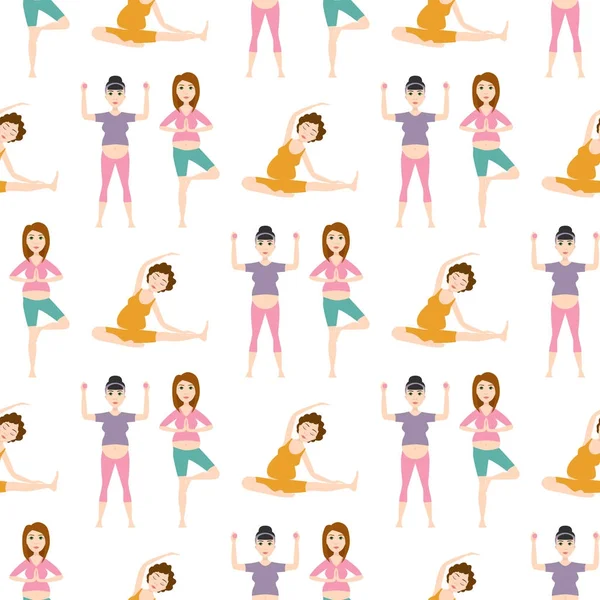 Embarazo deporte fitness personas carácter saludable estilo de vida sin costuras patrón fondo mujer yoga vector ilustración . — Archivo Imágenes Vectoriales