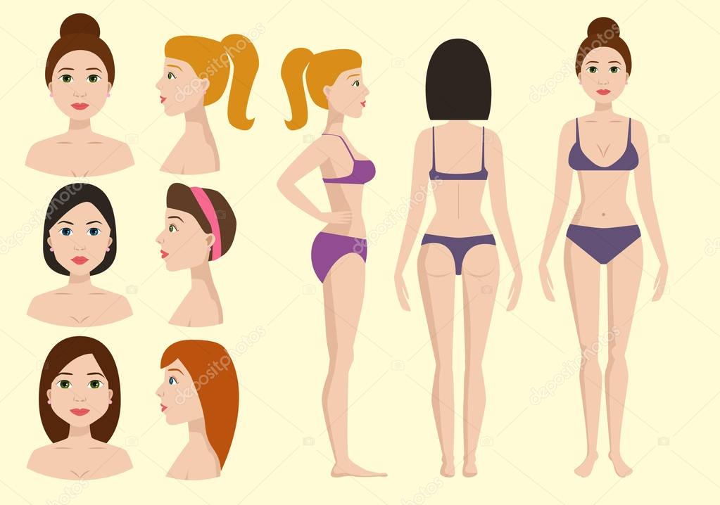 Plastic surgery body parts woman correction anaplasty medicine skin treatment beauty health procedure vector illustration. Human patient medical surgeon person anatomy.