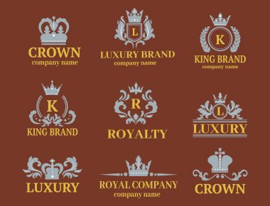 Taç Kral vintage premium beyaz rozet hanedan süsleme lüks kingdomsign vektör çizim.