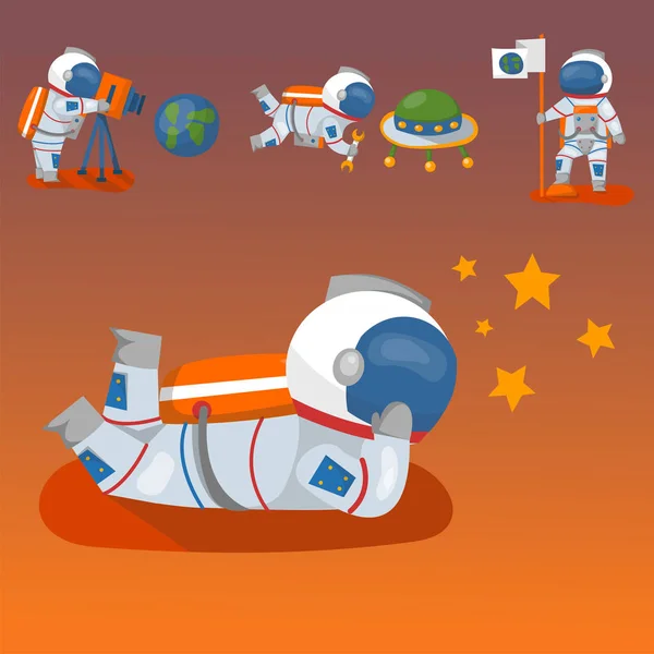 矢量宇航员在太空，工作性质和娱乐太空人星系大气系统幻想旅行人. — 图库矢量图片