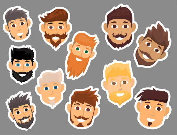 Character of various expressions bearded man face avatar and fashion hipster hairstyle head person with mustache vector illustration. — Stock Vector