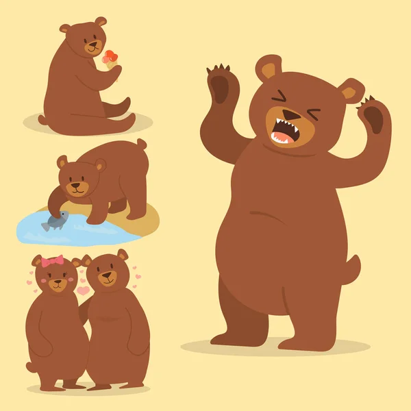 Cartoon bear character teddy pose vector set wild grizzly cute illustration adorable animal design. — Stock Vector