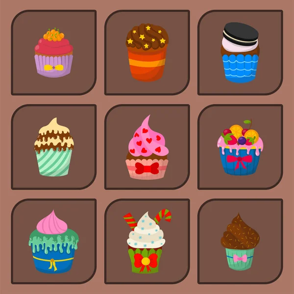 Verzameling van cute vector cupcakes en muffins chocolade viering verjaardag voedsel zoete bakkerij schattig hagelslag Feestdecoratie. — Stockvector