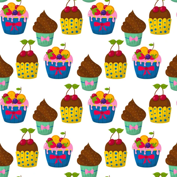 Carino vettore cupcakes e muffin cioccolato senza soluzione di continuità modello fondo celebrazione compleanno cibo dolce panetteria partito carino spruzza decorazione . — Vettoriale Stock