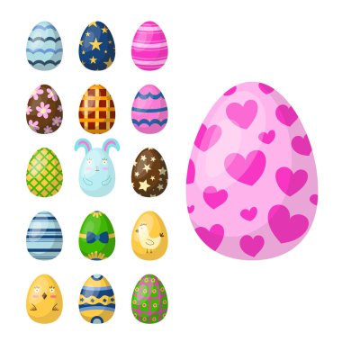 Paskalya yumurtaları ile bahar desen çok organik gıda tatil oyun vektör çizim renkli boyalı.