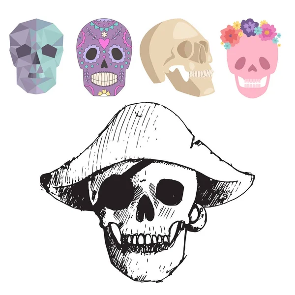 Diferentes calaveras estilo caras vector ilustración halloween horror estilo tatuaje anatomía arte . — Vector de stock