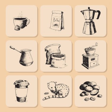 Kahve üretim el çekilmiş fasulye vintage içki retro Cafe koleksiyonu kroki tatlı vektör çizim çizim.