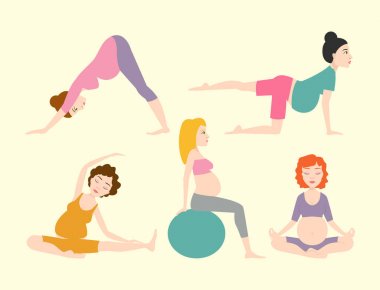 Gebelik spor fitness insanlar sağlıklı karakter yaşam tarzı kavramı kadın yoga vektör çizim.