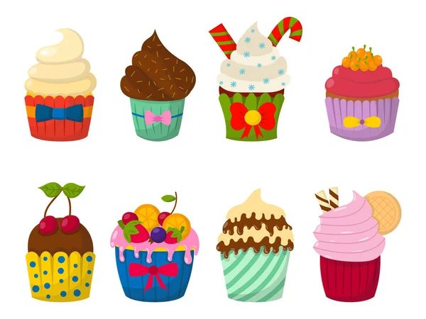 Conjunto de cupcakes vector lindo y magdalenas celebración de chocolate comida de cumpleaños fiesta de panadería dulce lindo espolvorea decoración . — Vector de stock