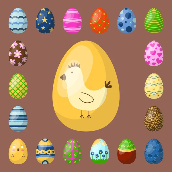 Huevos de Pascua pintados con patrón de primavera alimentos orgánicos multicolores vacaciones juego vector ilustración . — Vector de stock