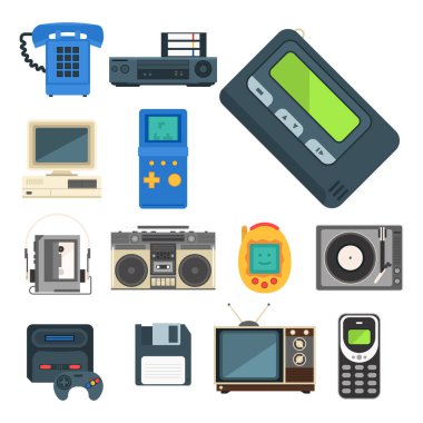 Vintage teknolojileri retro ses multimedia eğlence eski elektronik aygıtı iletişim illüstrasyon vektör.